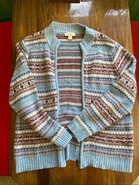 Appleseed's Light Blue Fair Isle Zip Cardigan with Maroon Accents